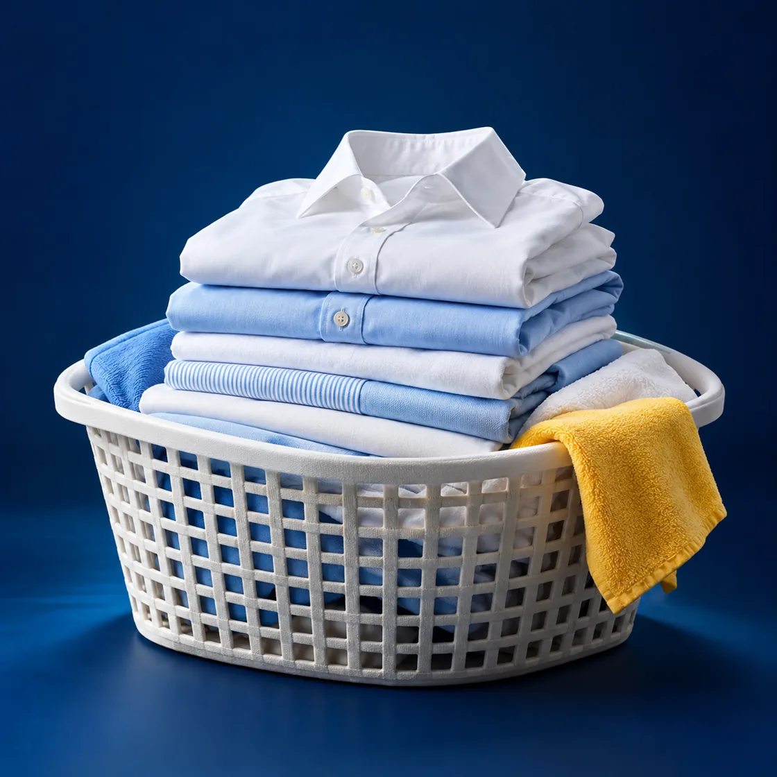 Canasta con ropa blanca y azul cuidadosamente doblada